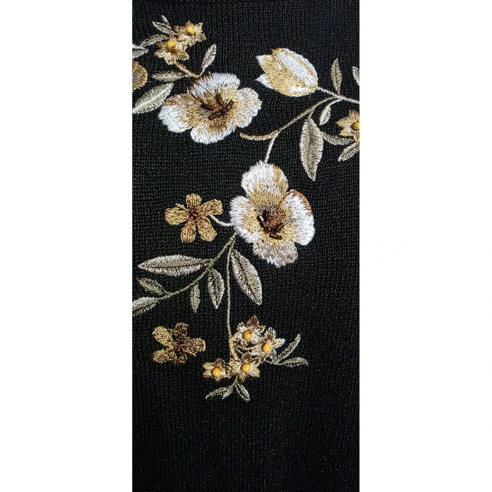 Alfred Dunner Womens Black Floral‎ Embroidered Beaded Knit Sweater Top Large
